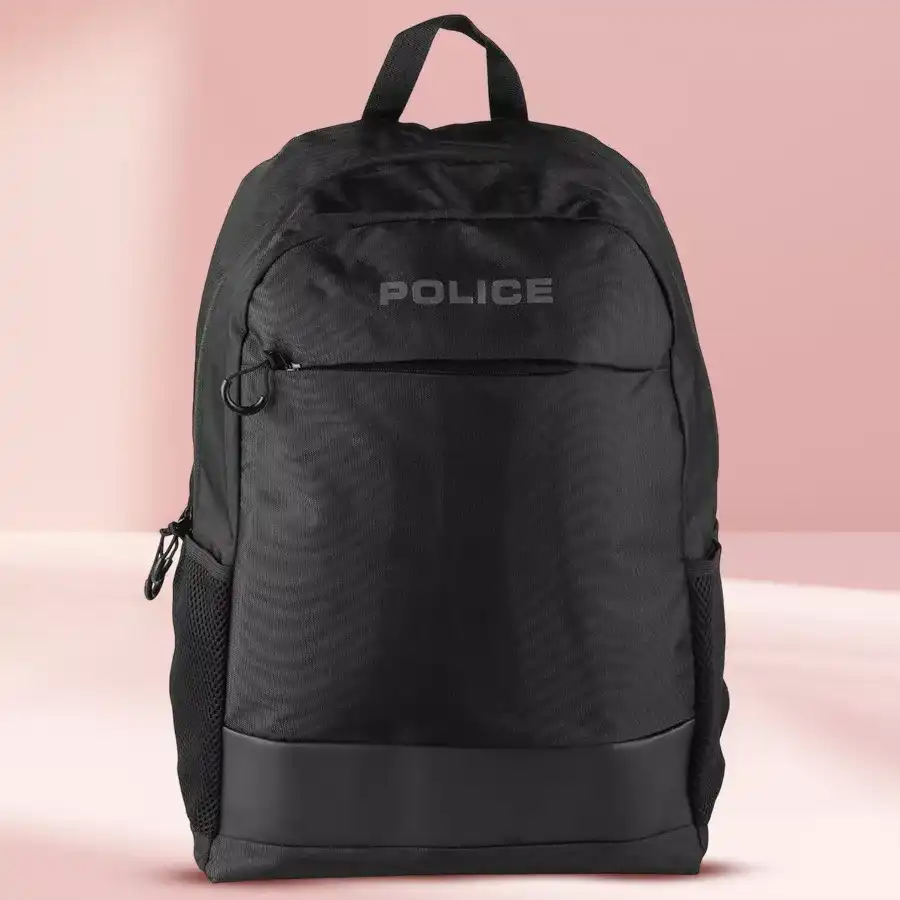 Sleek black men's backpack from Police, featuring adjustable padded straps and durable design, perfect for urban adventures.