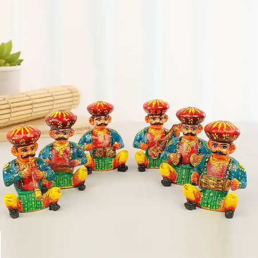 Colorful 6 Pc Rajasthani Musician Wooden Bowla Set showcasing vibrant designs and craftsmanship for home decor.