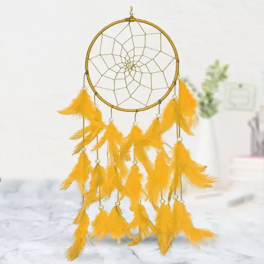 Radiant yellow handmade beaded dreamcatcher feng shui showpiece, designed to enhance positive energy and protect against nightmares.