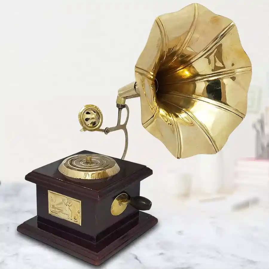 Vintage handmade gramophone crafted from metal, ideal for home décor.