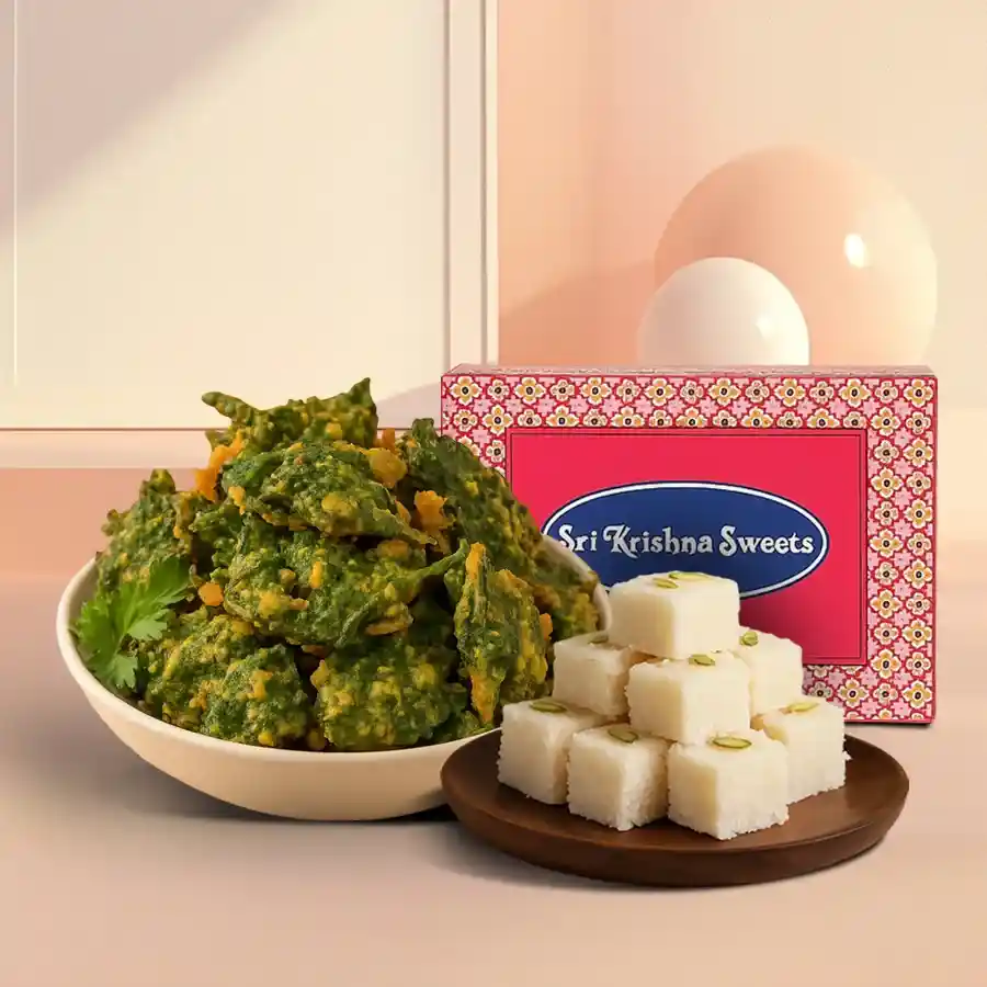 Coconut Barfi and Palak Pakora combo featuring sweet and savory treats.