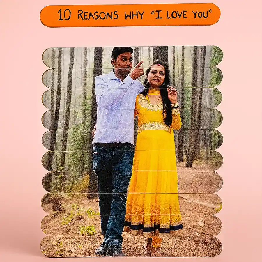 Heartfelt Photo Puzzle Love Gift featuring colorful sticks with personalized photos and reasons to love, beautifully arranged as a puzzle.