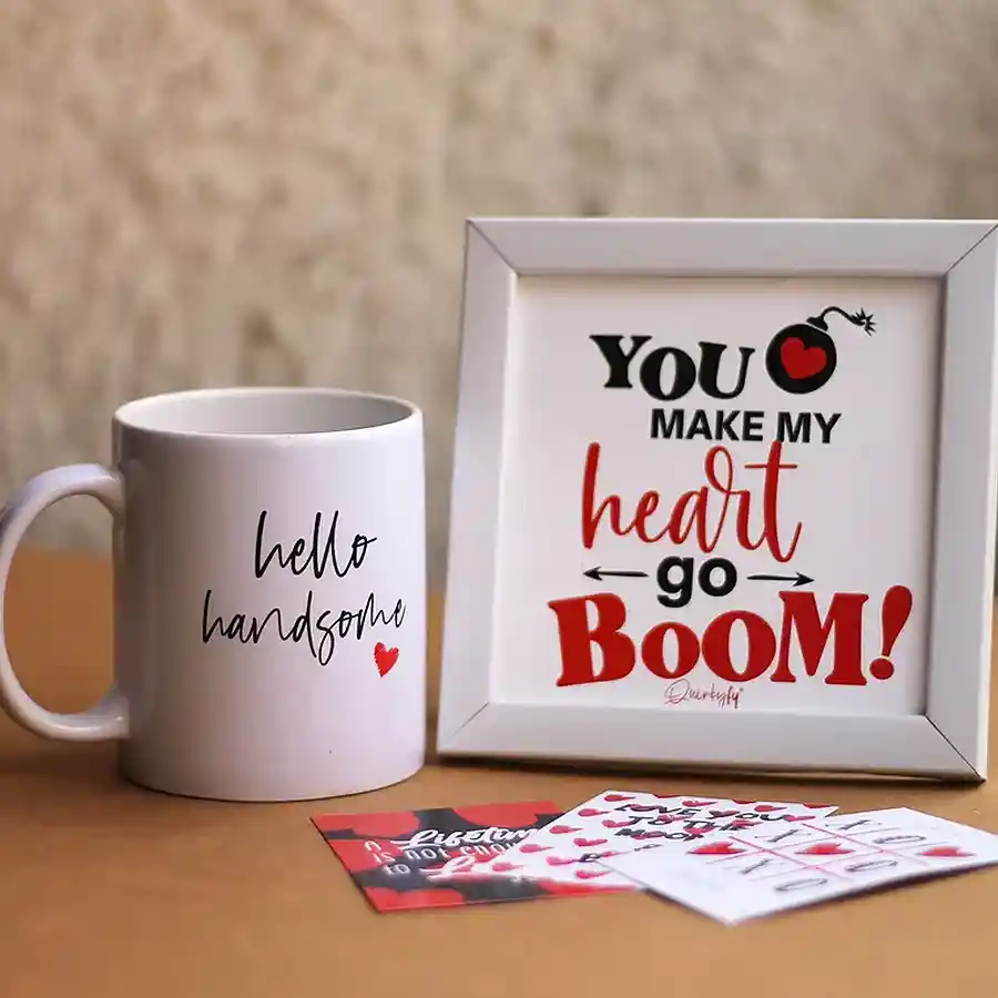 Heartfelt Valentine’s Keepsake Box with ceramic mug, wall frame, and love notes.