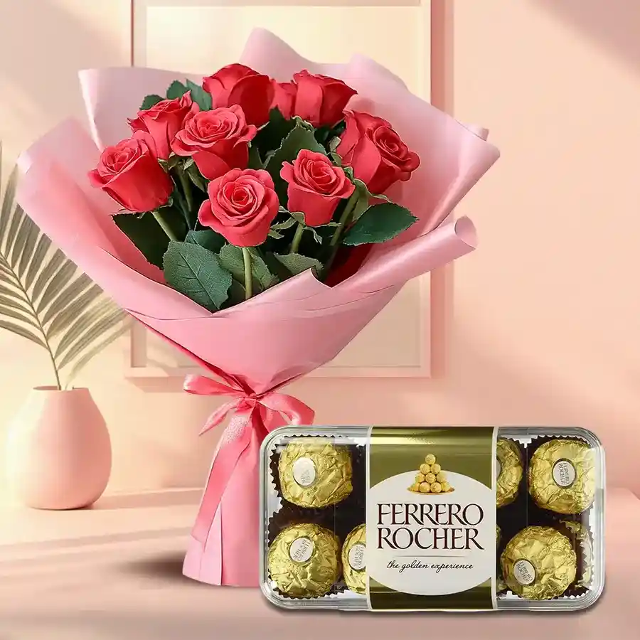 Long Lasting Red Roses Bouquet with hearts on petals and a box of 16 Ferrero Rocher chocolates