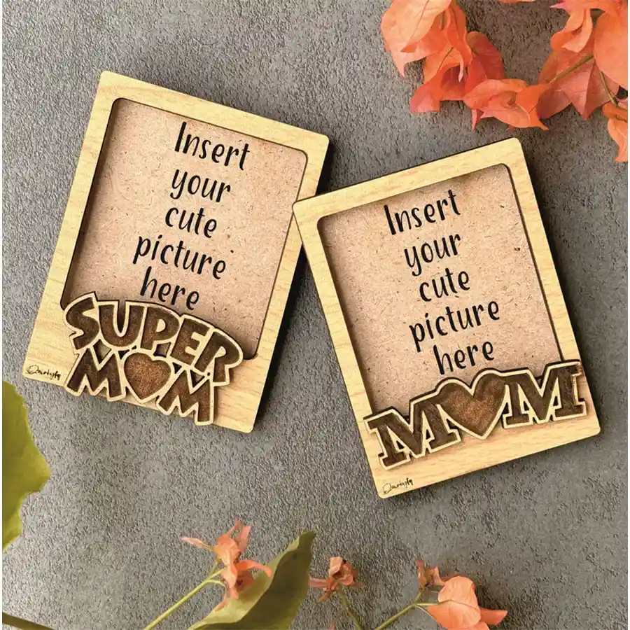 Set of two Super Mom Memories Magnet Frames featuring heartfelt quotes, designed to showcase cherished memories on magnetic surfaces.