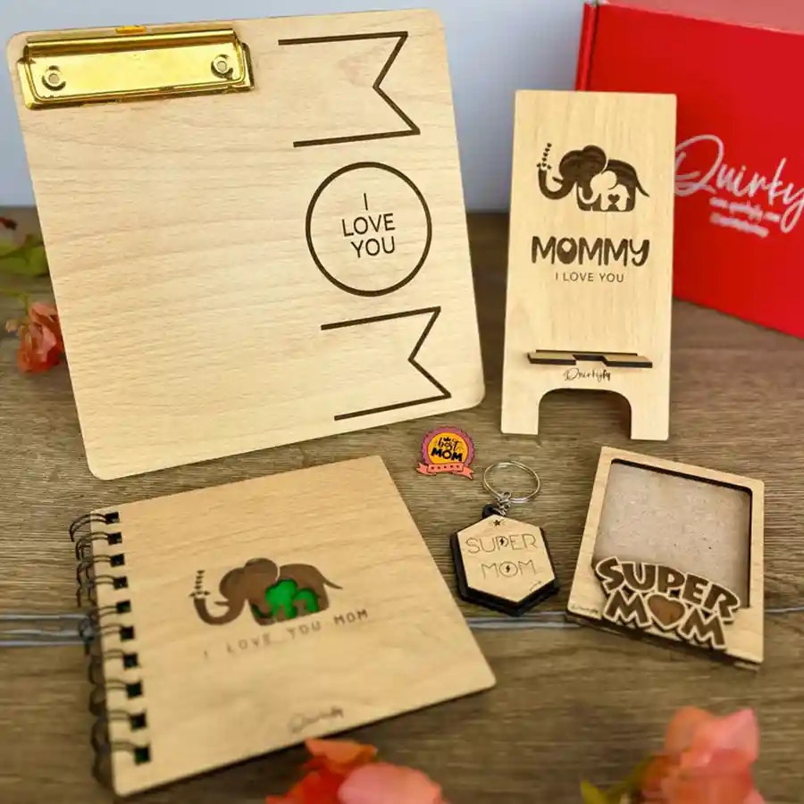Super Mom Tribute Collection featuring a magnet frame, mobile stand, keychain, lapel pin, diary, and picture clip plank, perfect for Mother's Day.