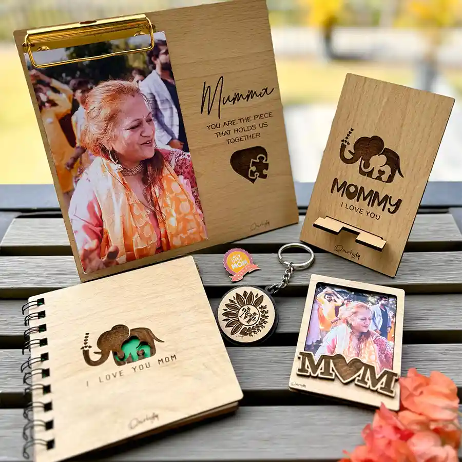 Cherished Memories Mother's Day Gift Set with personalized keepsakes, including a polaroid magnet frame, mobile stand, diary, and more.
