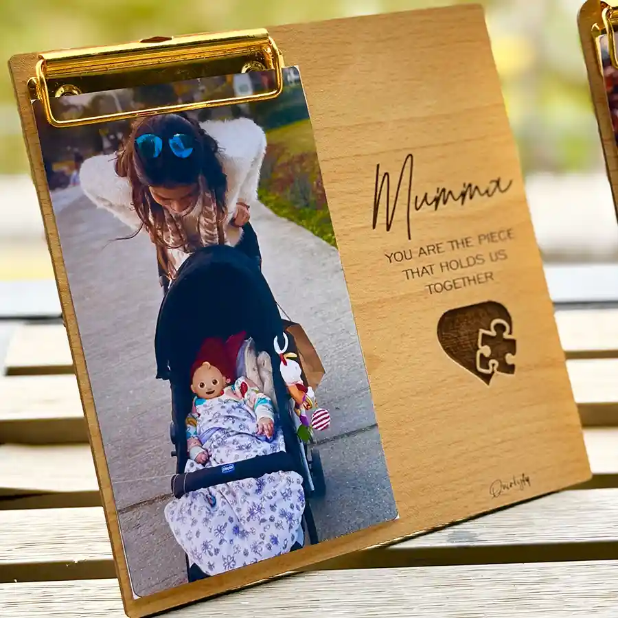 Personalized Super MOM Pinewood Photo Plank showcasing etched quote, a heartfelt gift for mothers.