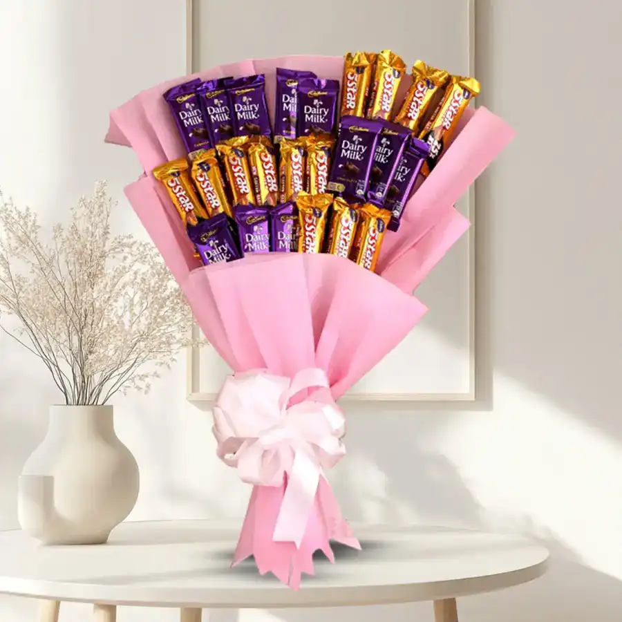 Chocolate bouquet featuring Cadbury Dairy Milk bars and 5 Star chocolates arranged beautifully.