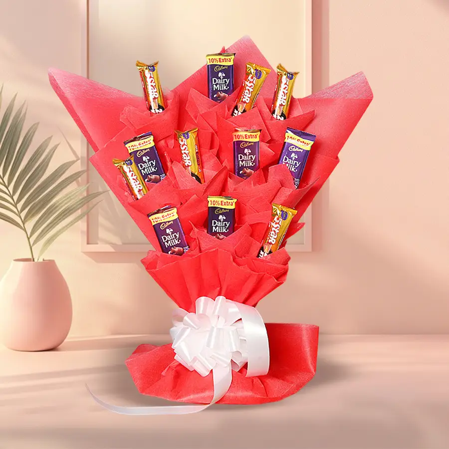 Chocolate bouquet featuring six Cadbury Dairy Milk bars and six Cadbury Five Star bars arranged beautifully.