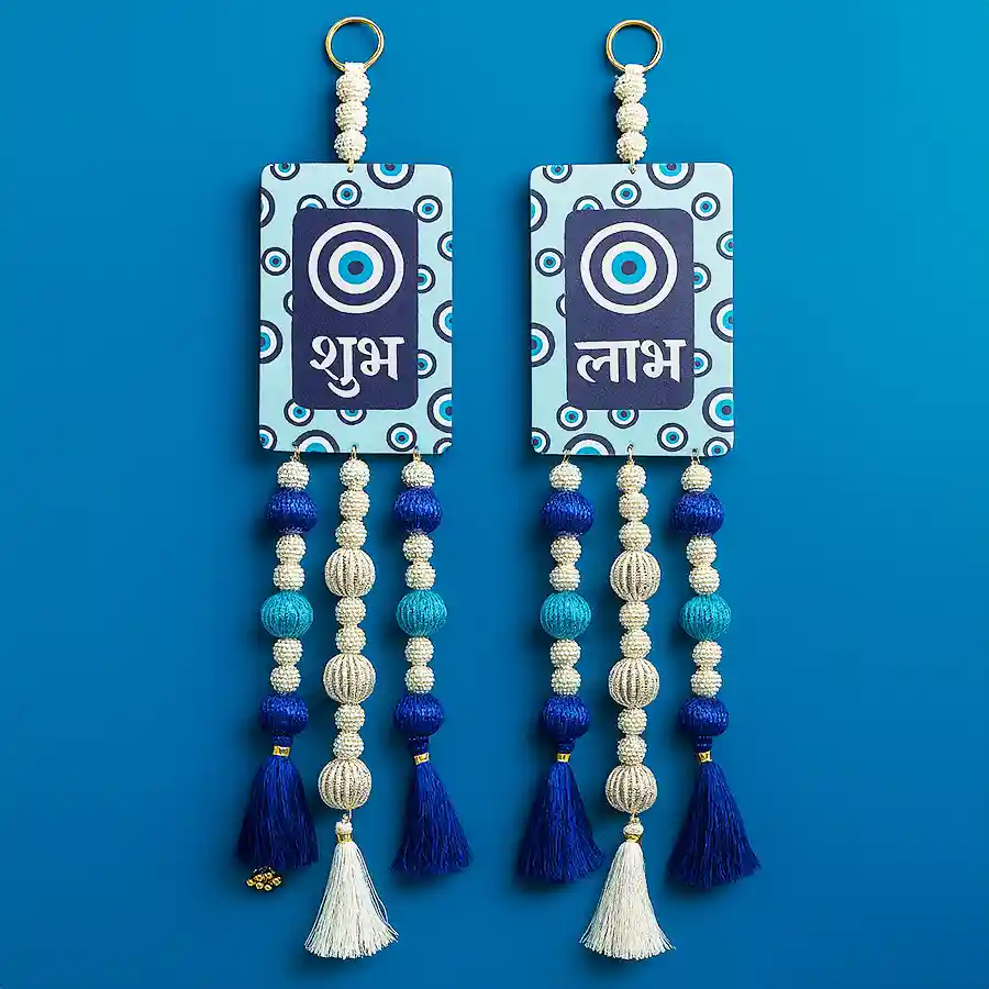Enchanted Good Luck Charm Set with MDF Evil Eye Subh Labh Hanging for protection and positivity.