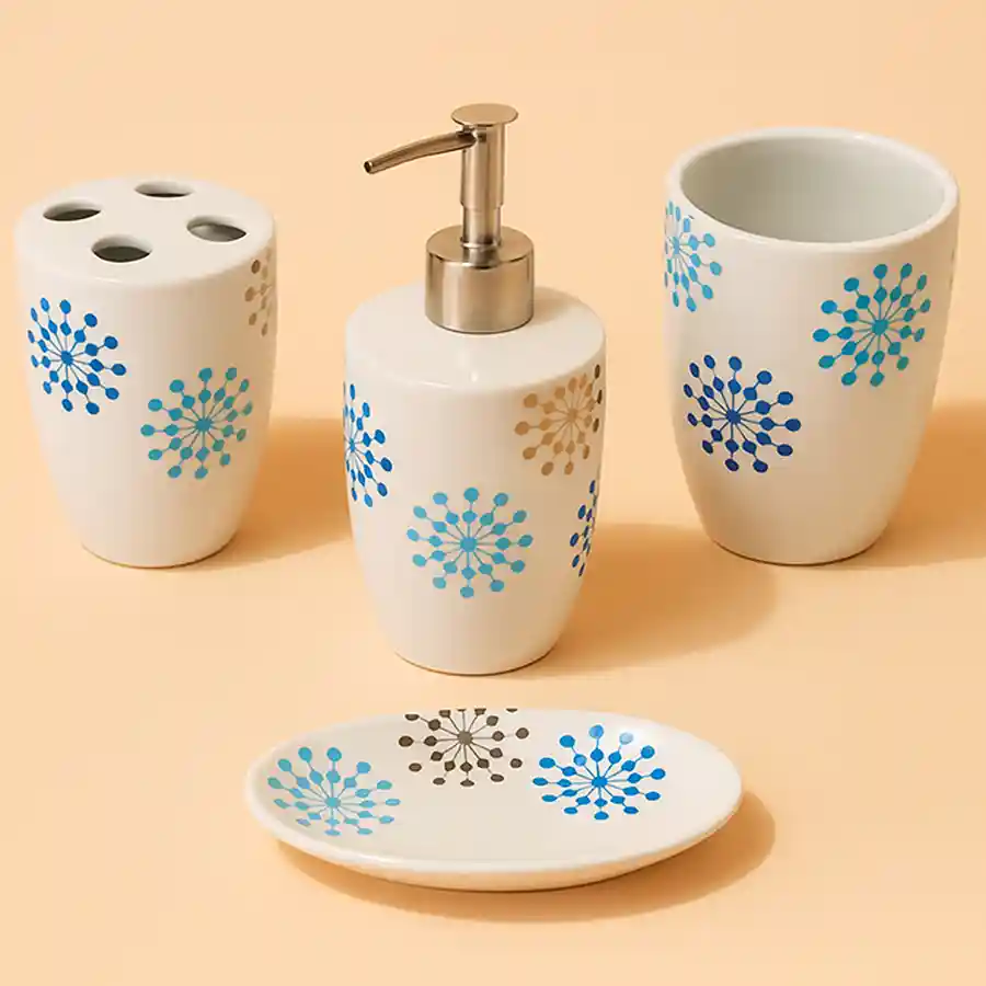 Bone China bathroom container set featuring a soap dish, liquid hand-soap container, toothbrush holder with four cubicles, and sundry holder in blue motifs.