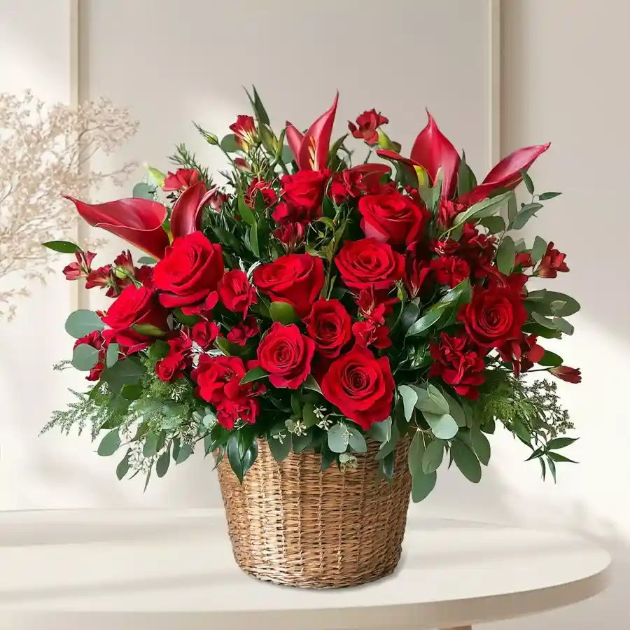 Beautiful bouquet of 30 red roses and 5 red lilies arranged elegantly