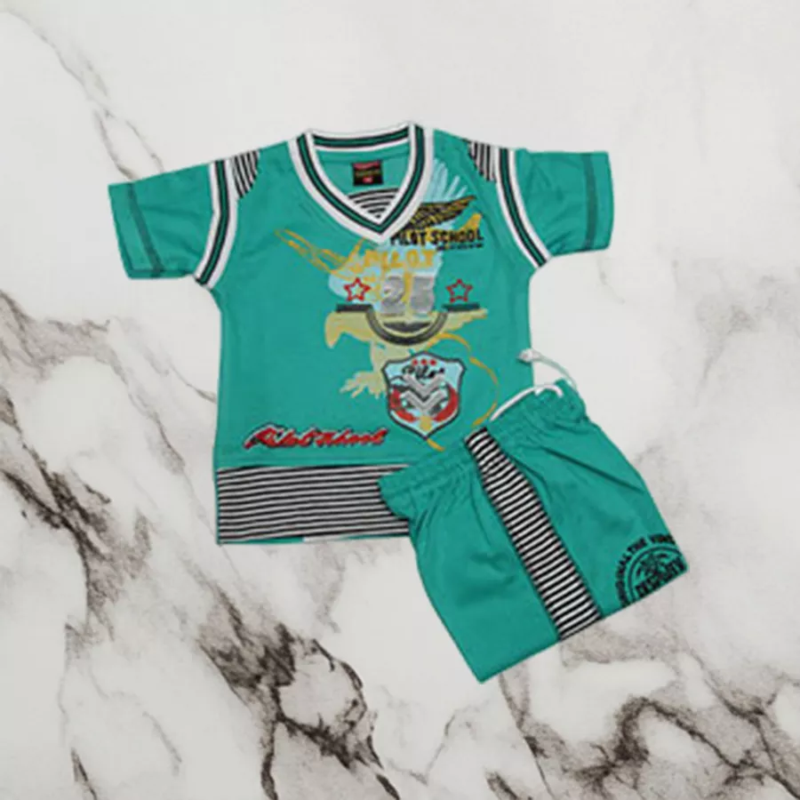 Vibrant green cotton baby set for boys aged 2 to 4 years, featuring a soft T-shirt and cozy pajamas.