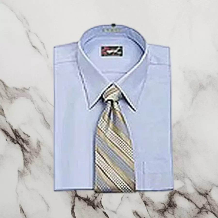 Full sleeves matching shirt and tie set from Raymonds in a stylish design, made from high-quality cotton, displayed on a hanger.