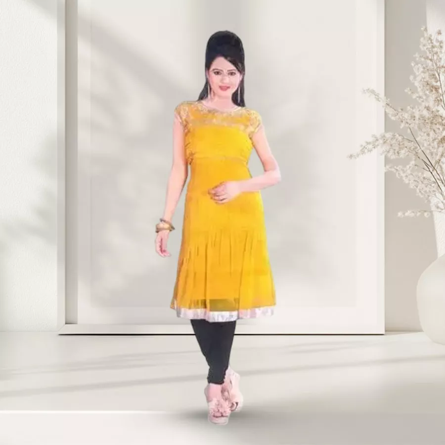 Yellow georgette kurti with short sleeves, textured collar details, and white border at the hem, displayed on a hanger.