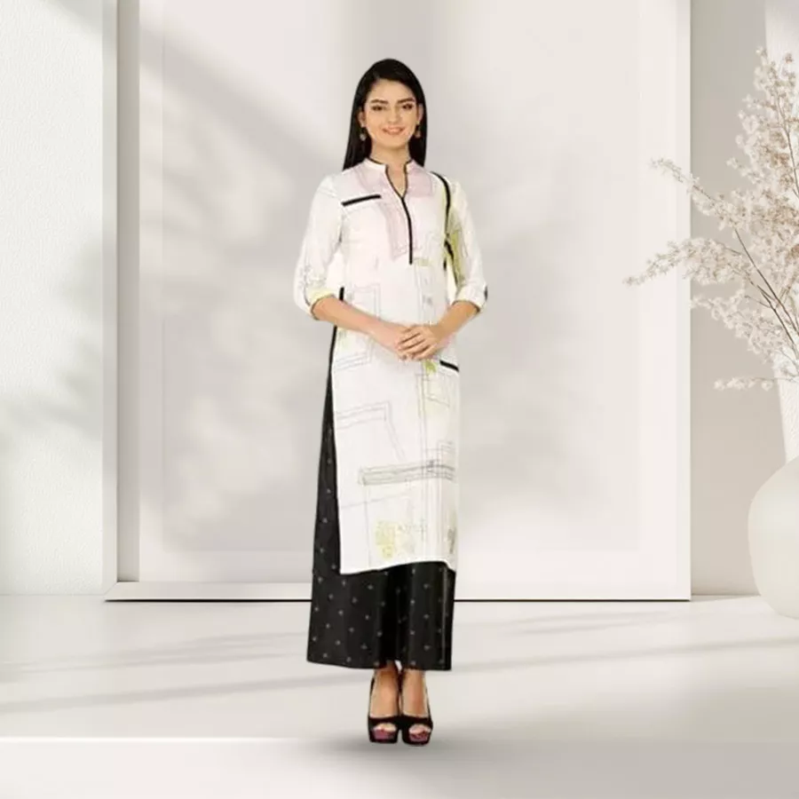Ivory Frosted Kurti by W Lifestyle with mandarin collar and rolled-up 3/4 sleeves in soft cotton-blend fabric.