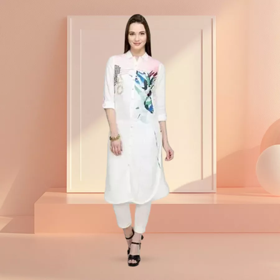 Exotic White Kurti by 'W' featuring delicate frontal detailing, stylish shirt collars, and a flattering regular hemline.