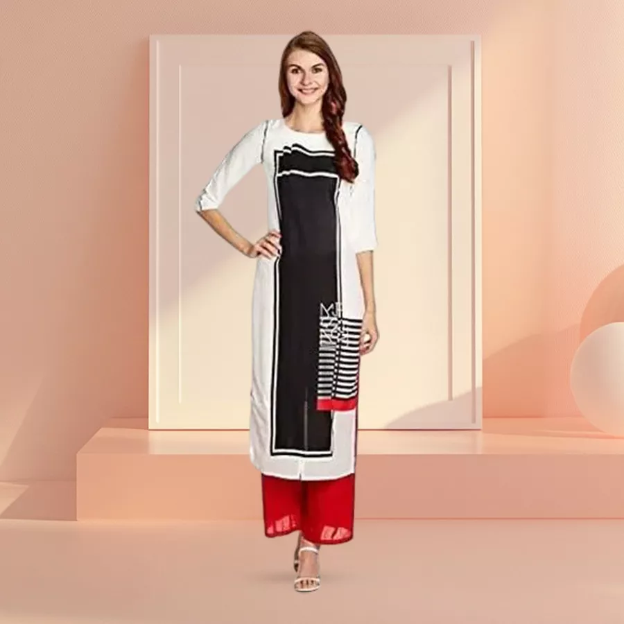 Classy Black and White Kurta by W featuring a crisp white base with black and white stripes on the front, made from lightweight viscose blend.
