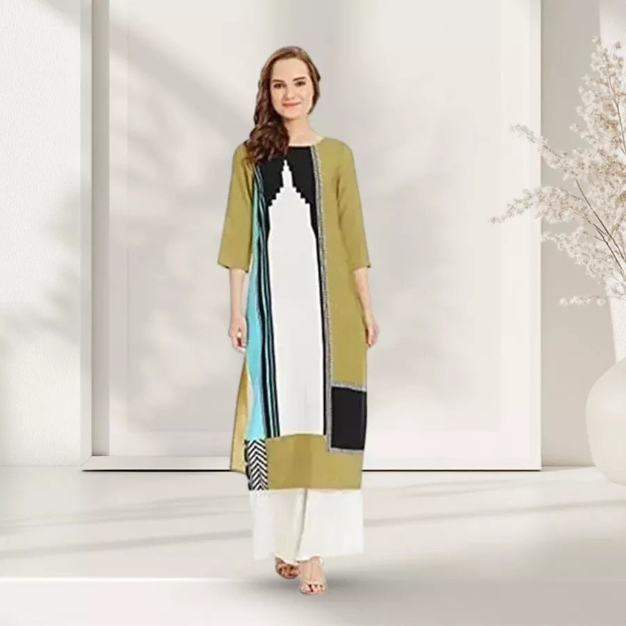 A beautiful woman wearing a Peerless W Kurti in an ethnic design, showcasing the soft, lightweight fabric and elegant style suitable for festive occasions.