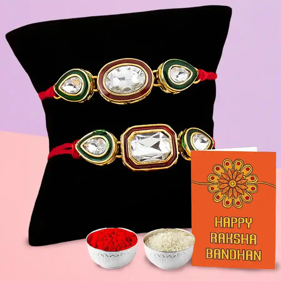 2-piece designer metal rakhi set with elegant craftsmanship, free rakhi card, Roli, Tilak, and Chawal for Raksha Bandhan celebration