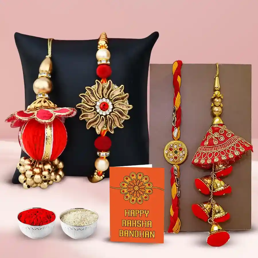 Stunning Bhaiya Bhabhi Rakhi Set with unique designs and complimentary Roli, Tilak, and Chawal for Raksha Bandhan celebration