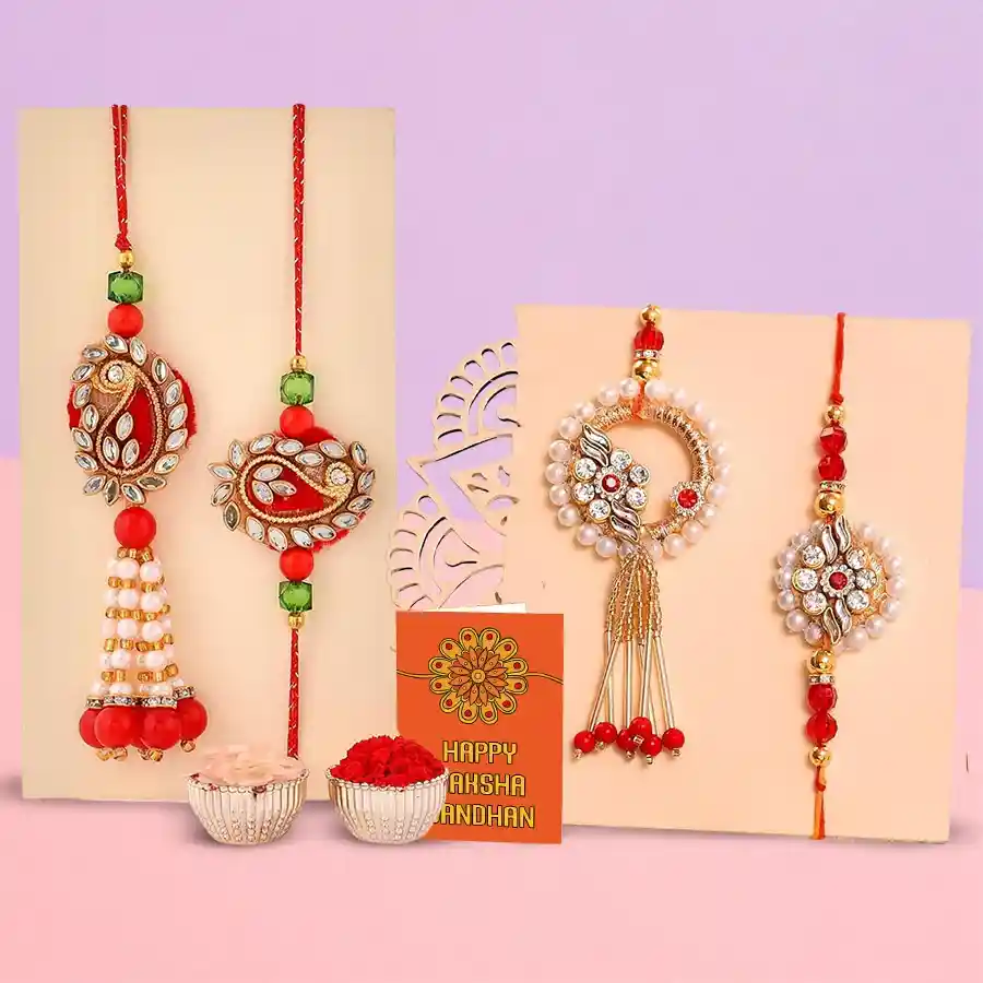 Bhaiya Bhabhi Rakhi set beautifully gift-wrapped with Roli, Tilak, and Chawal for Raksha Bandhan celebration.