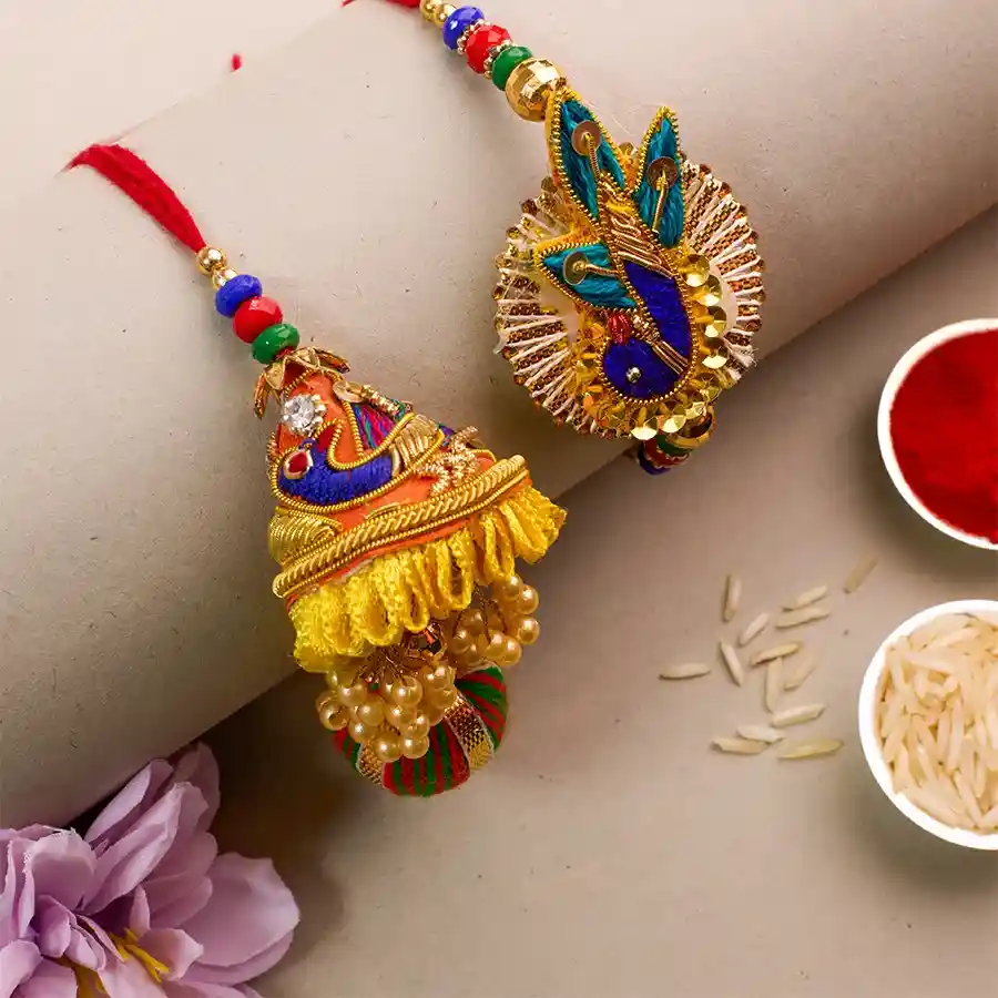 Lovely Bhaiya Bhabhi Rakhi set with a stunning Rakhi, Roli, Tilak, and Chawal on a festive backdrop
