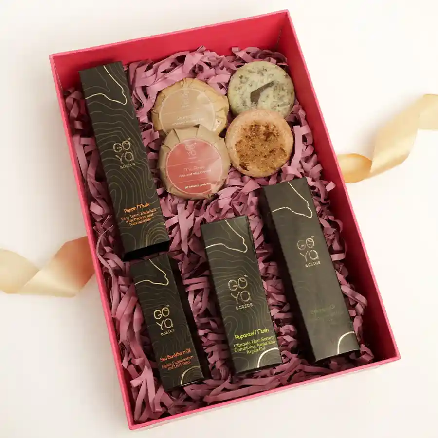 Luxurious Goat Milk Beauty Box showcasing a collection of soaps and oils for radiant skin.
