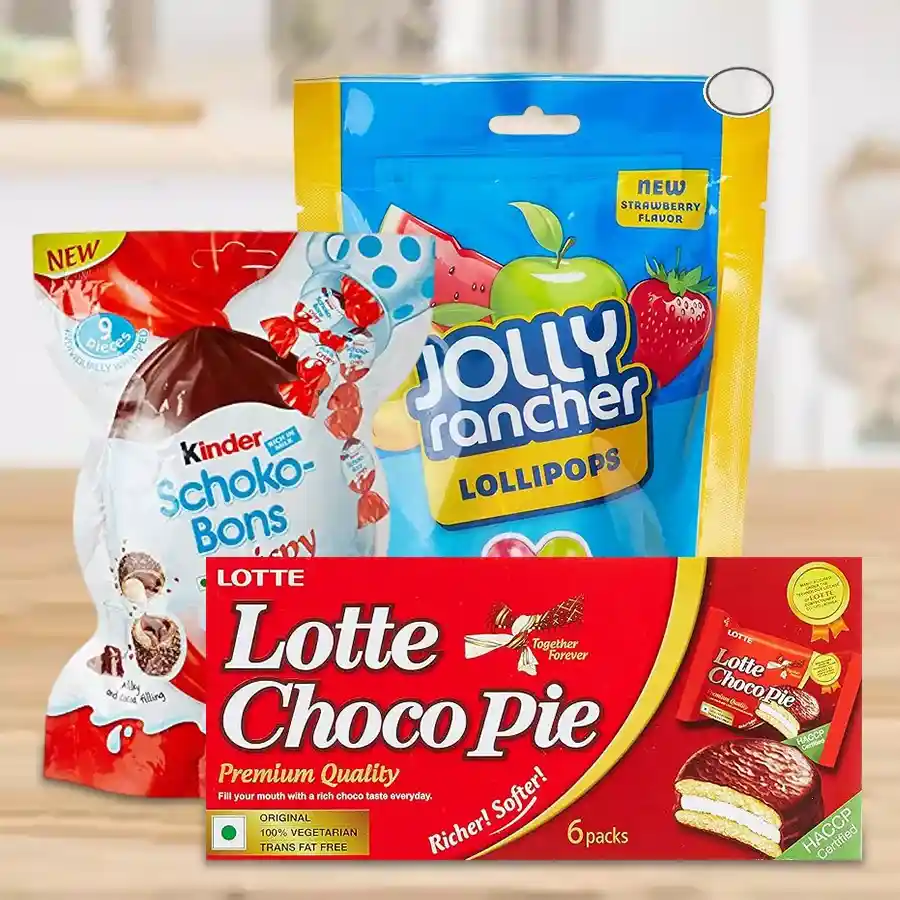 Delectable Chocos Gift Pack featuring Lotte Chocopie, Kinder Joy Schoko Bons, and Jolly Rancher Lolly Pop