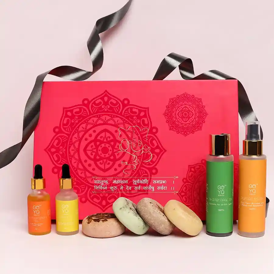 Nature's Luxe Beauty Collection featuring goat milk soaps, hair oils, face toner, serum, and face mask.