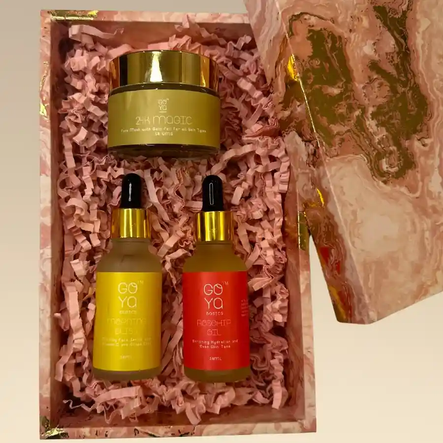 Morning Radiance Skincare Collection featuring Vitamin C serum, gold face mask, and rosehip oil for a glowing complexion.