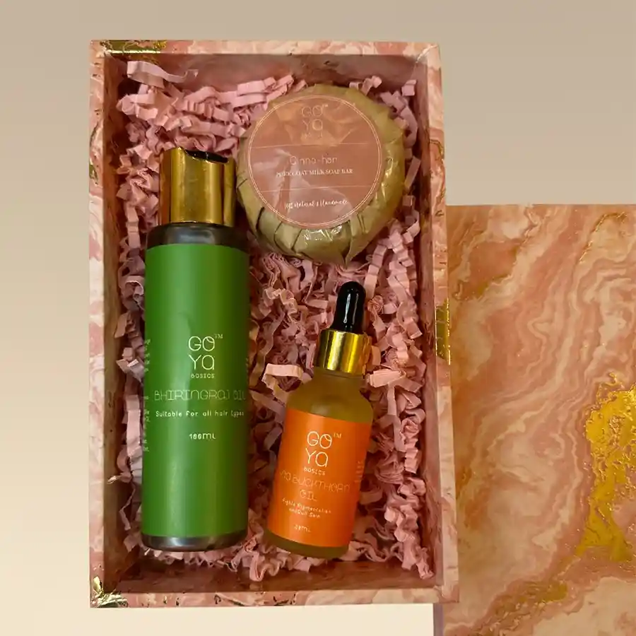 Radiant Serenity Beauty Kit featuring Seabuckthorn oil, Bhiringraj oil, and goat milk soap for a holistic beauty experience.