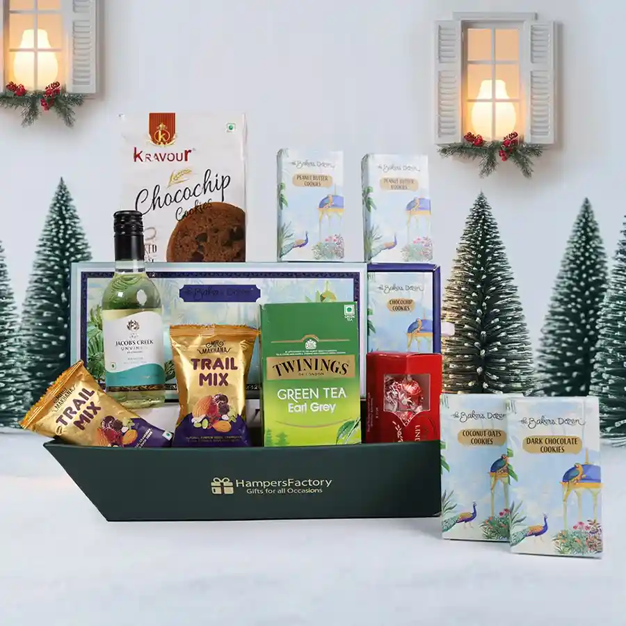 Festive Indulgence Gift Basket with cookies, tea, chocolate, and wine.