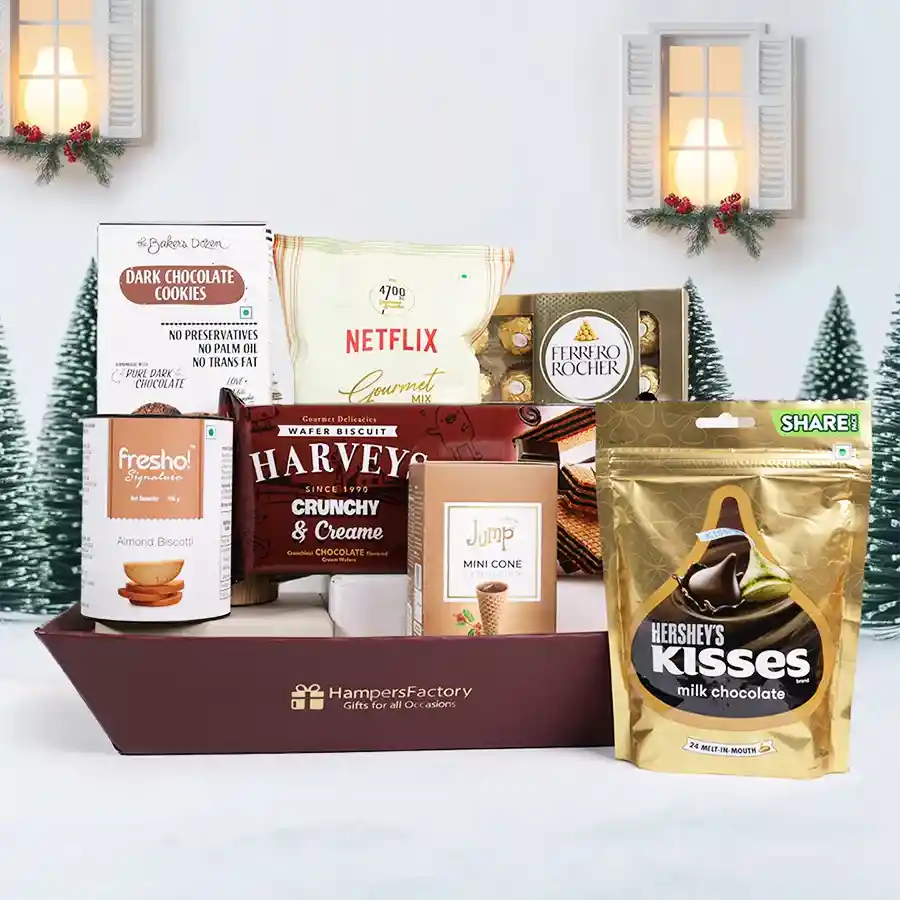 A beautifully arranged Joyful Chocolate & Cookie Basket filled with gourmet cookies, popcorn, chocolates, and more festive delights.