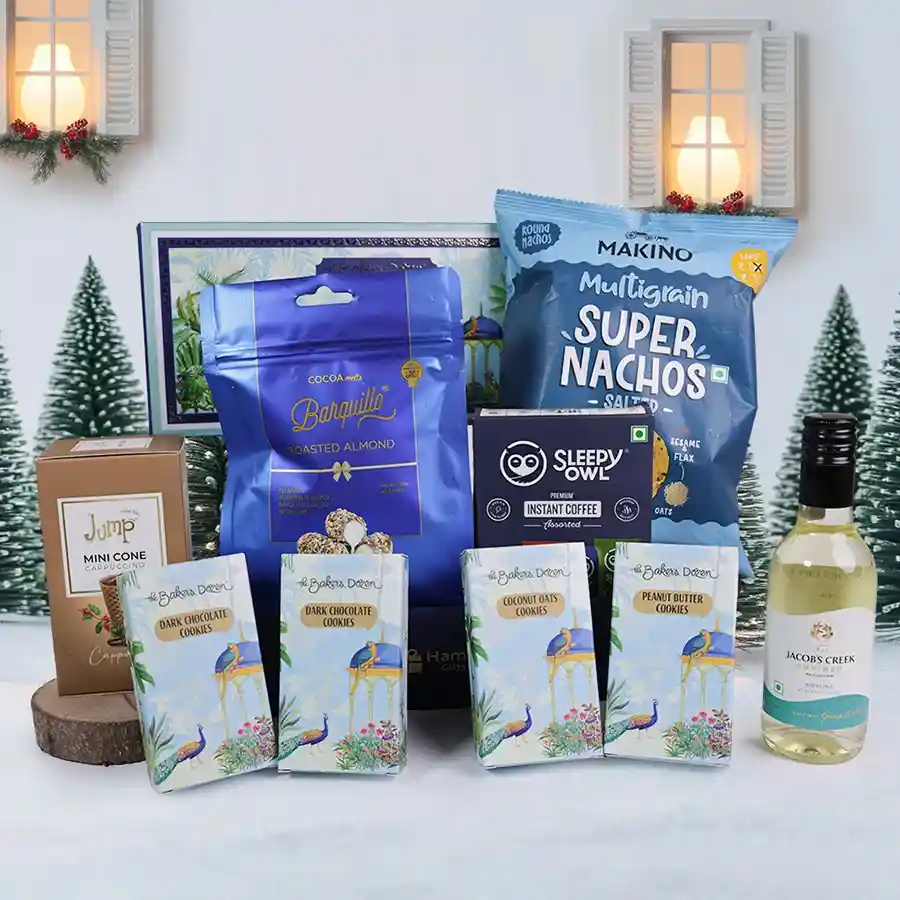 Festive Gourmet Hamper Extravaganza filled with delicious treats including handcrafted cookies, nachos, chocolate, coffee, and non-alcoholic wine.