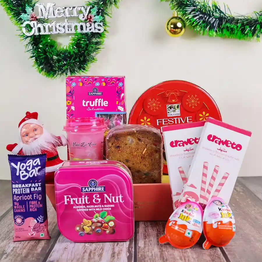 Festive Gourmet Treats Celebration Set featuring a variety of sweets, a Santa toy, and a reusable basket.