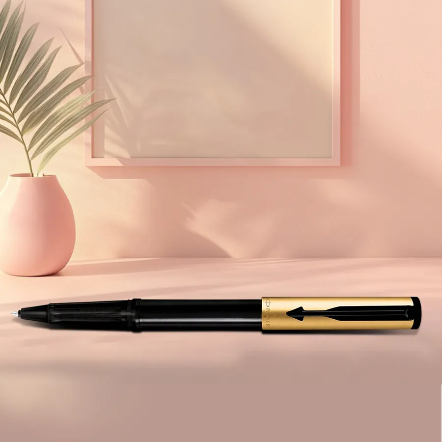 Parker's Exquisite Gold Roller Ball Pen with black and gold design, promoting effortless writing without ink leakage.