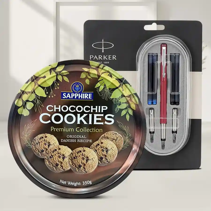 Calligraphy & Cookies Delight Set featuring a Parker Vector pen and Sapphire Danish Cookies. Perfect for gifting at the office.