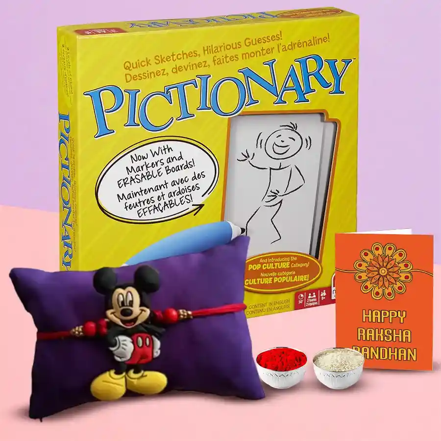 Colorful illustration of the Pictionary Draw and Guess game box with a free Kids Rakhi beside it, displaying fun drawings and family-friendly themes.