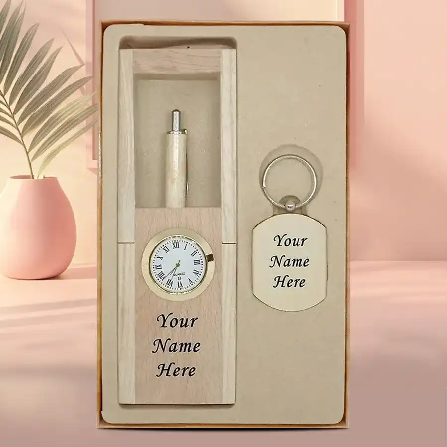 Personalized wooden pen and keychain combo with a pen stand and watch.