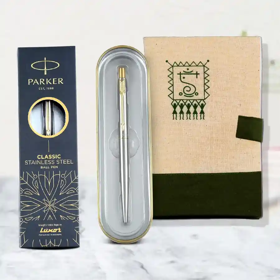 Elegant silver Parker ballpoint pen paired with an eco-friendly diary, perfect for professional gifting.