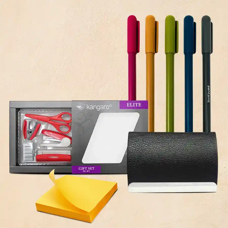 Thoughtful Gift Hamper for Workspaces featuring desk accessories like staplers, pens, and a visiting card holder.
