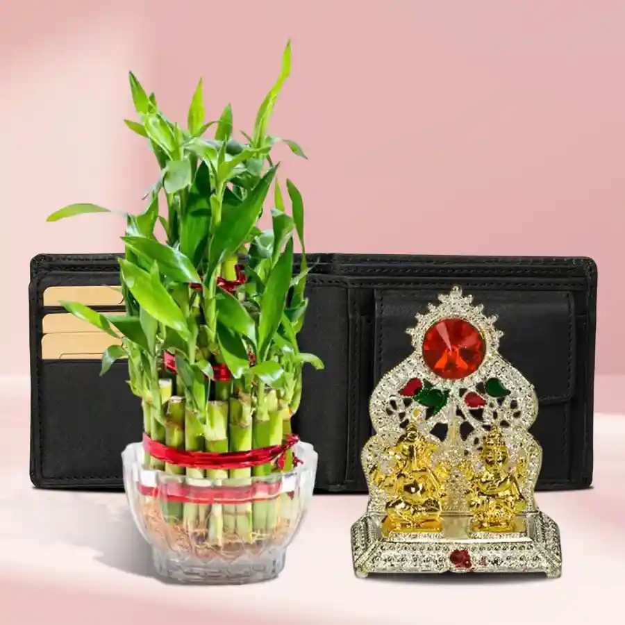 Bamboo plant, leather wallet, and Laxmi Ganesh Mandap gift set.