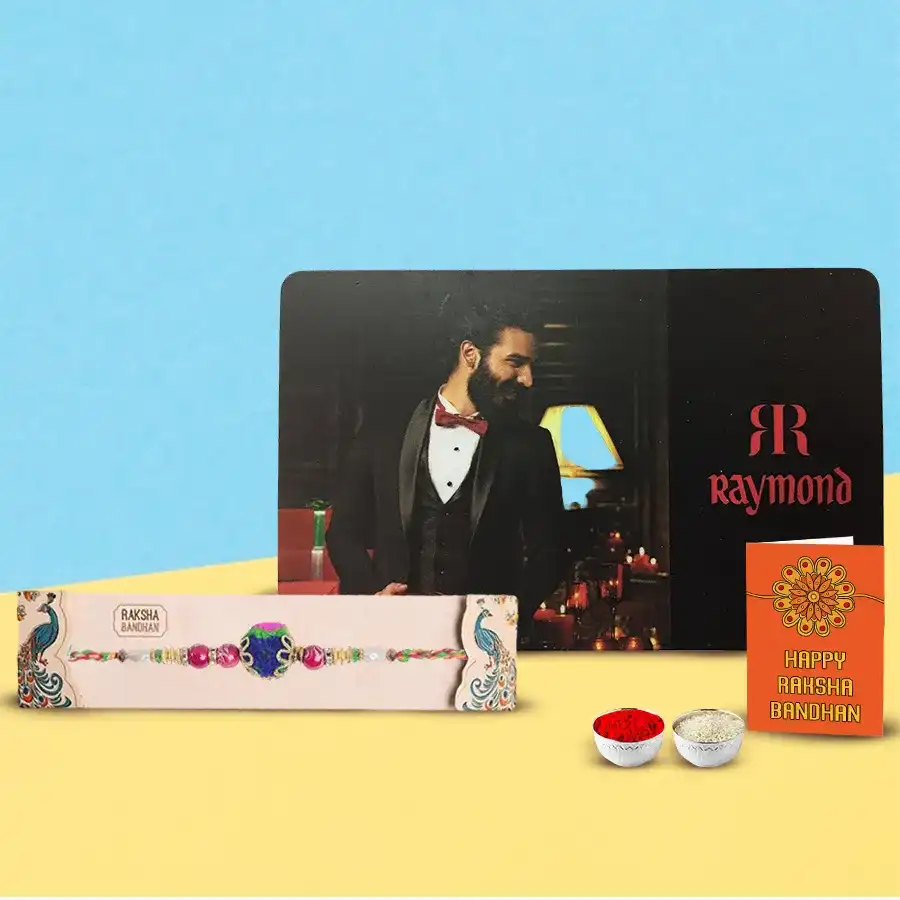 Raymonds e-voucher worth Rs 3000 with a free Rakhi displayed together