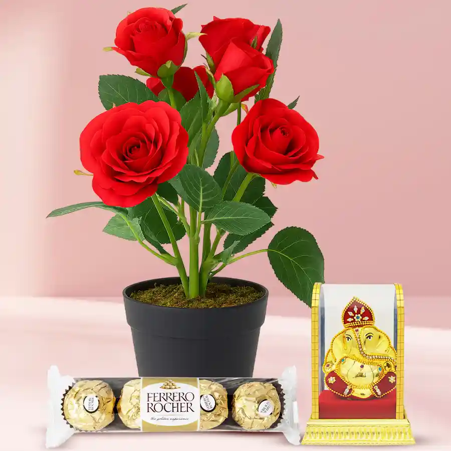 Flowering Plant Gift with Ganesh Idol and Ferrero Rocher chocolates, showcasing a red rose plant in a plastic pot and a decorative Ganesh idol.