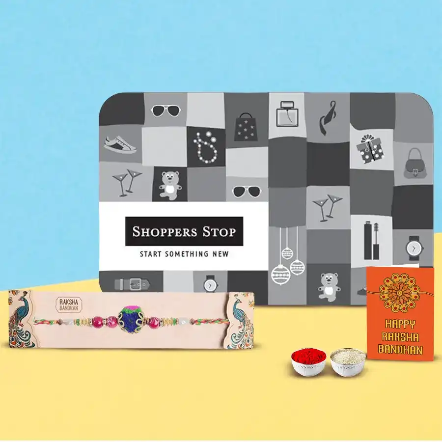 Shoppers Stop gift e-vouchers worth Rs 2500 with a free rakhi displayed together