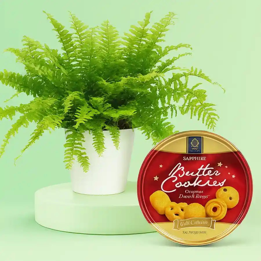 Eye-catching fern plant in white pot with a gift of sapphire butter cookies.