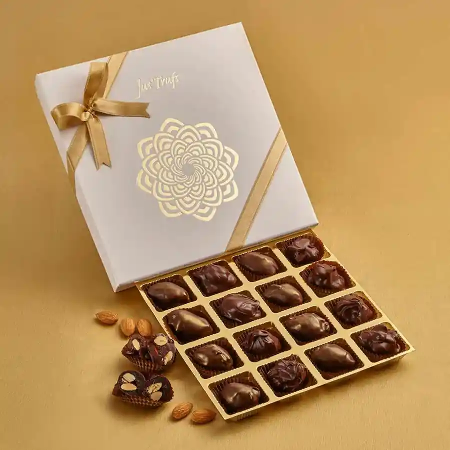 Vegan Chocolate Treat Collection in a Mandala box featuring 16 handcrafted dark chocolates, including almond rocks and chocolate-covered dates.