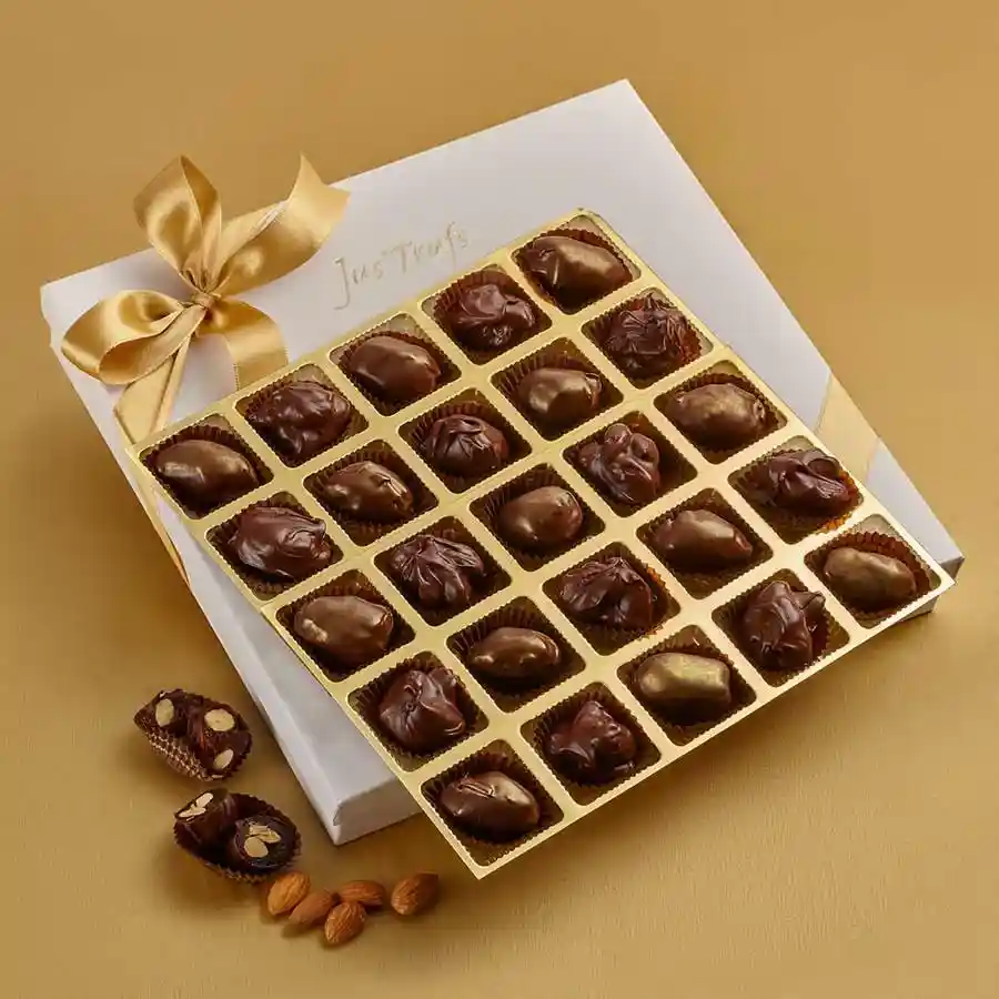 Guilt Free Choco Delights Mandala box filled with 25 handcrafted treats made of dark chocolate, almond rocks, and chocolate-covered dates.